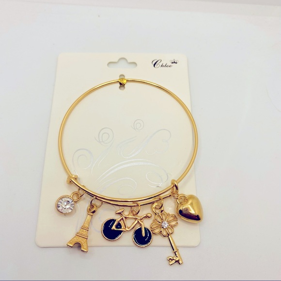Bracelet Bangle Eiffel Tower Heart Key Bike Crysta - Picture 4 of 9